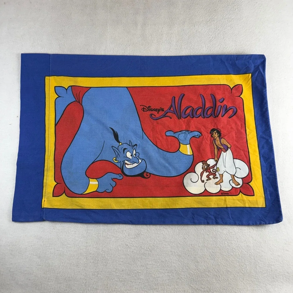 Vintage Disney Aladdin Pillowcase Genie Abu Double Sided Standard Blue 90s